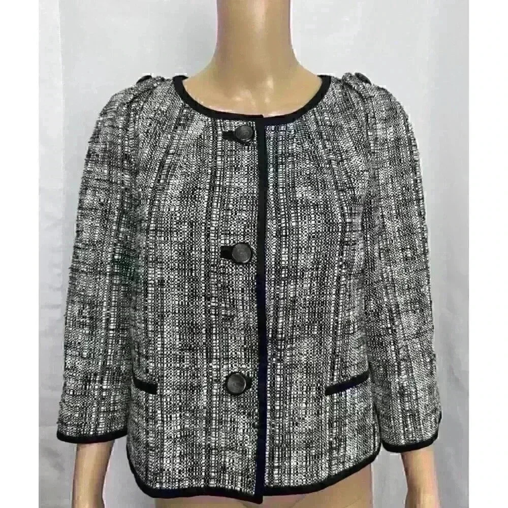 TALBOTS Black White Woven Tweed Collarless 3 Button Cropped Blazer Jacket Sz 10